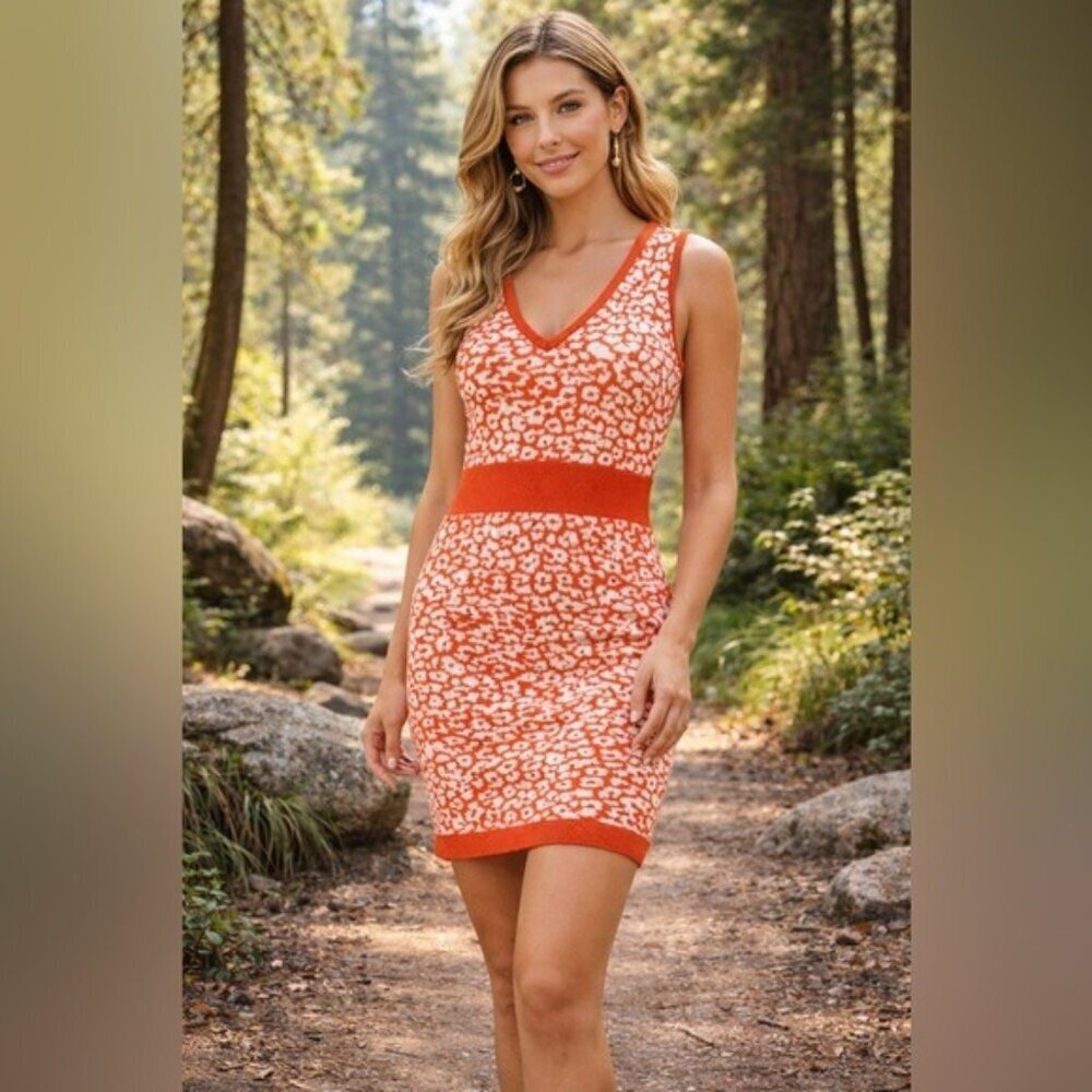 Romeo & Juliet Couture Jacquard Sweater Dress Orange White Sleeveless Size S